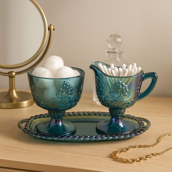 Vintage Indiana Glass Harvest Grape Blue Carnival Glass Creamer Sugar & Tray Set - Picture 6 of 16